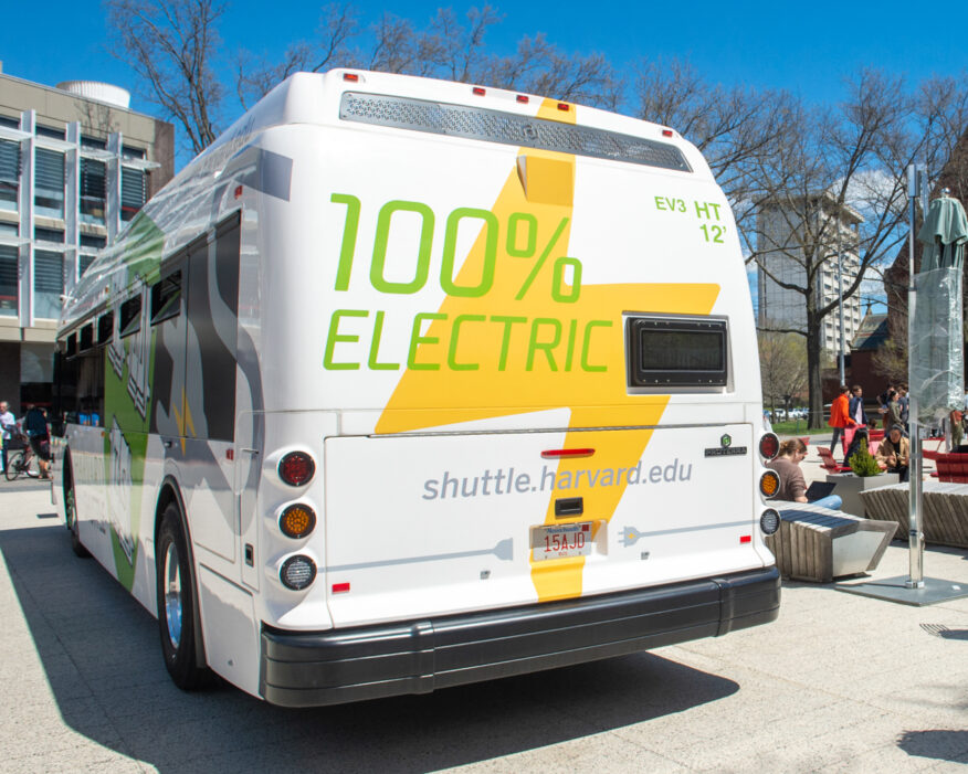 Harvard electric bus at the Earth Day Festival, Science Center Plaza.