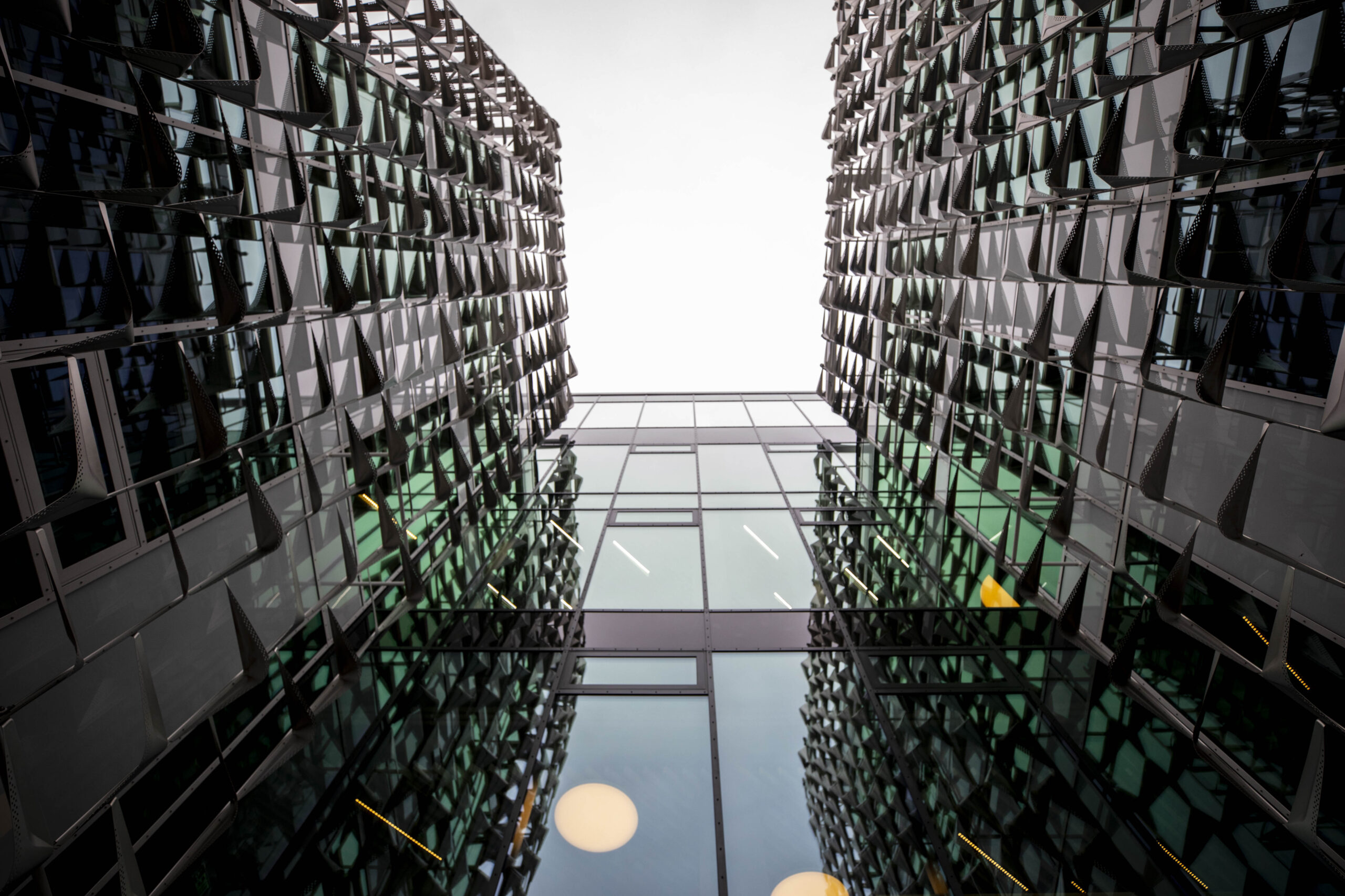 Looking up from one of the patios in the new Science and Engineering Complex building in Allston at Harvard University.