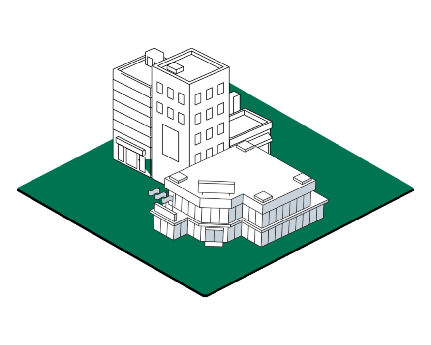 Illustrated graphic demonstrating buildings against a green square background.