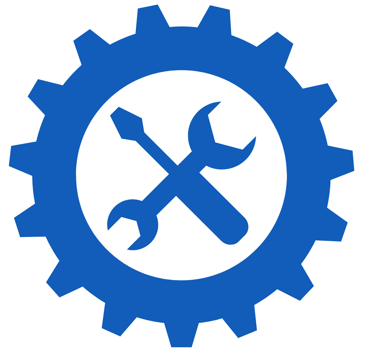 Blue icon of a gear with a wrench and screw in the middle.