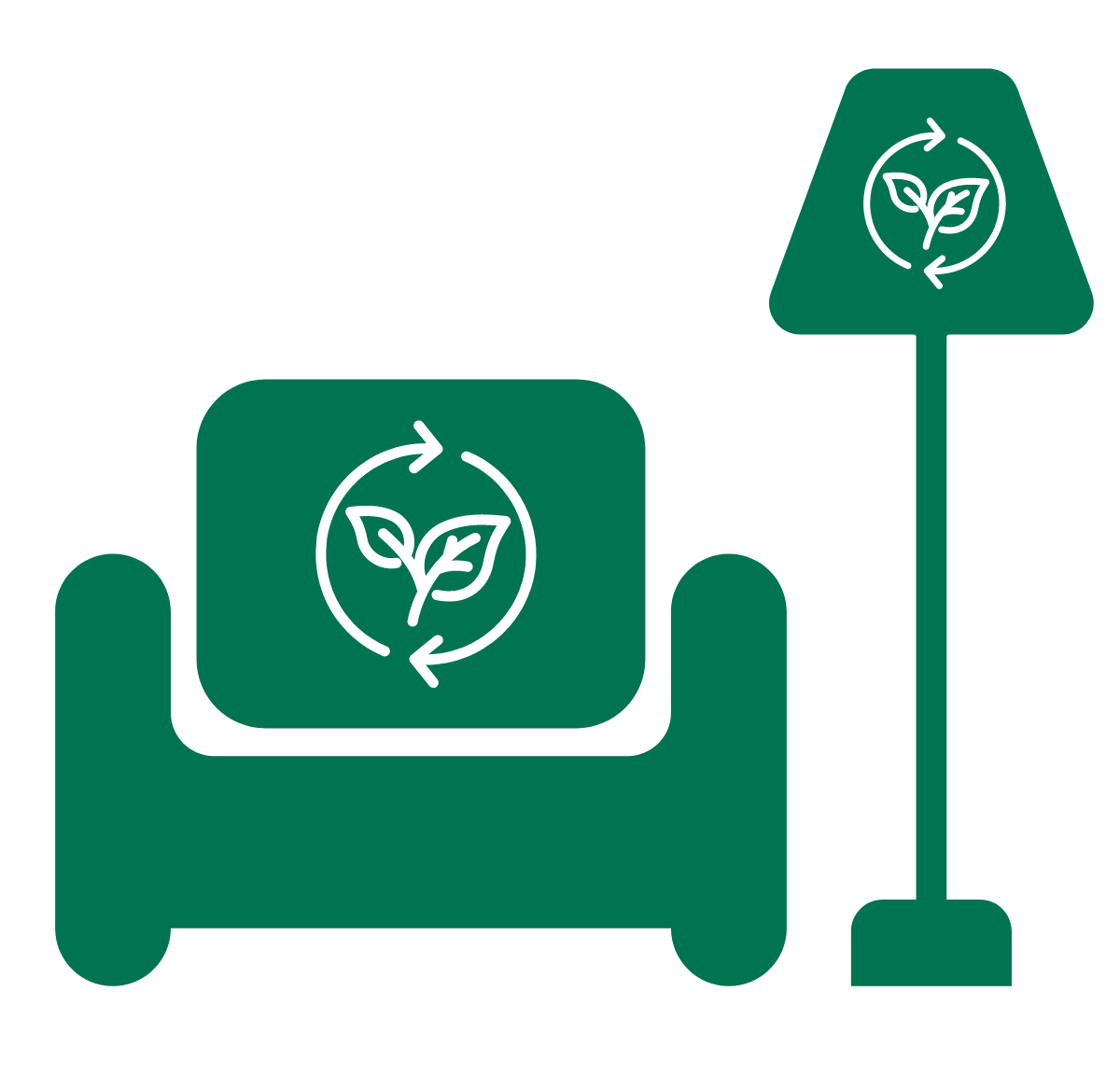 Graphic icons of a chair and lamp. Both the couch and lamp have a smaller icon of a leaf with recycling circular arrows layered over them.