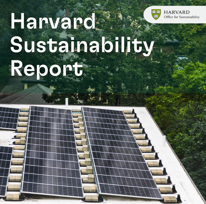 Graphic that says "Harvard Sustainability Report" with the OFS logo and a photo of rooftop solar panels.