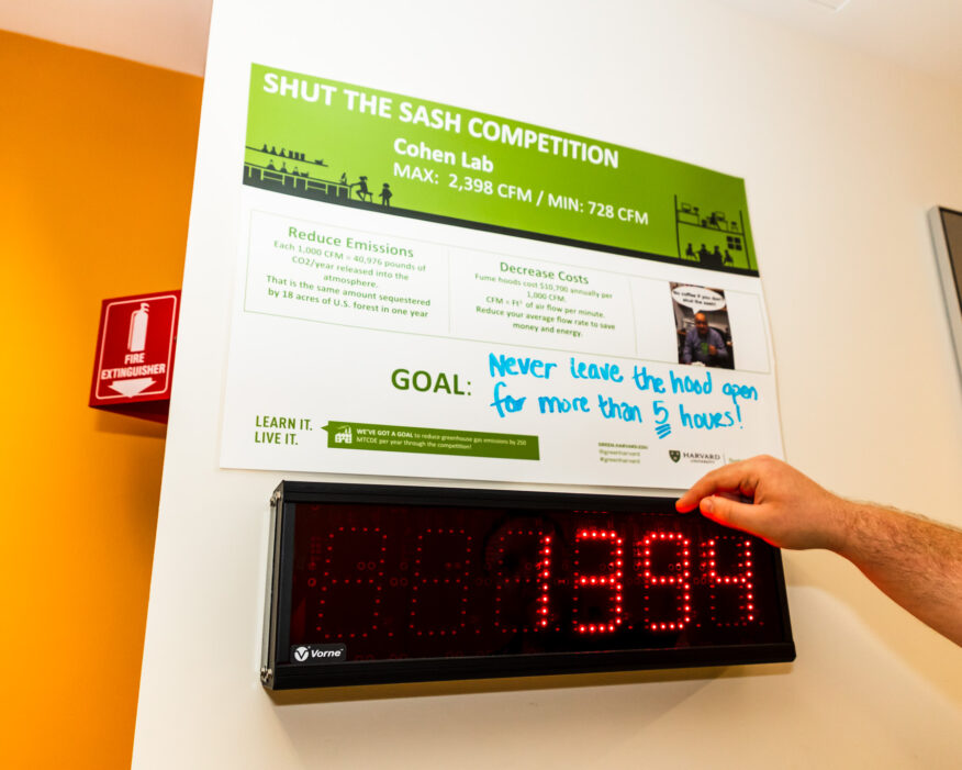 Labs in the the Shut the Sash Competition are provided feedback in real-time on their fume hood energy use via digital displays reporting cubic-feet-of-air-per-minute (CFM) flow, with signage indicating how that number connects with the lab group's customized goal.