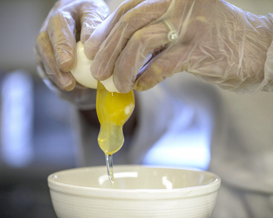 Someone wearing plastic gloves cracks an egg into a bowl.