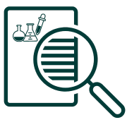 Icon with a magnifying glass and chemicals demonstrating healthier materials.