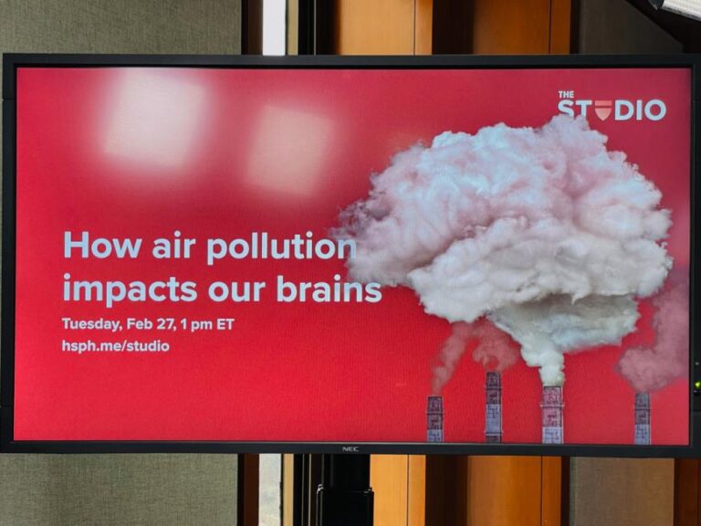 Screen that shows a title "How air pollution effects our brain" with a photo of a smokestack against a red background.