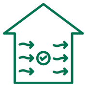 Icon of a house with squiggly arrows and a check mark demonstrating indoor air quality.