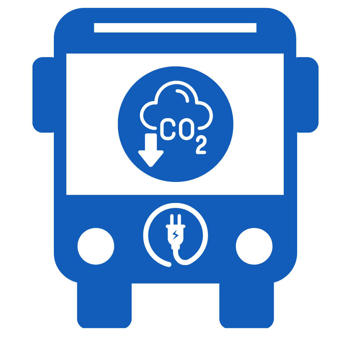 Icon of an electric bus and emblem that shows decreasing carbon dioxide.