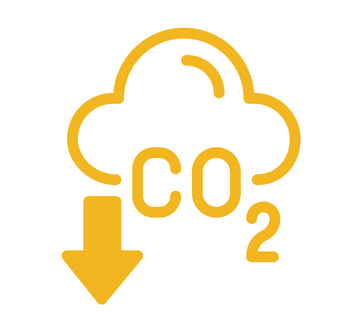 Icon of carbon dioxide decreasing (the text "CO2" and a downward arrow out of a cloud).