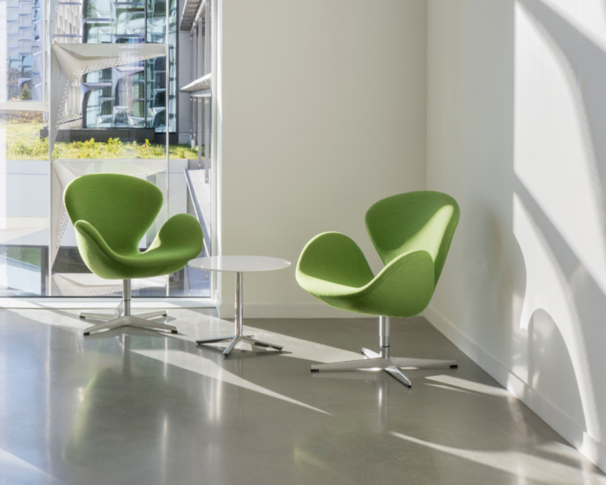 Green chairs in Harvard's Science and Engineering Complex.