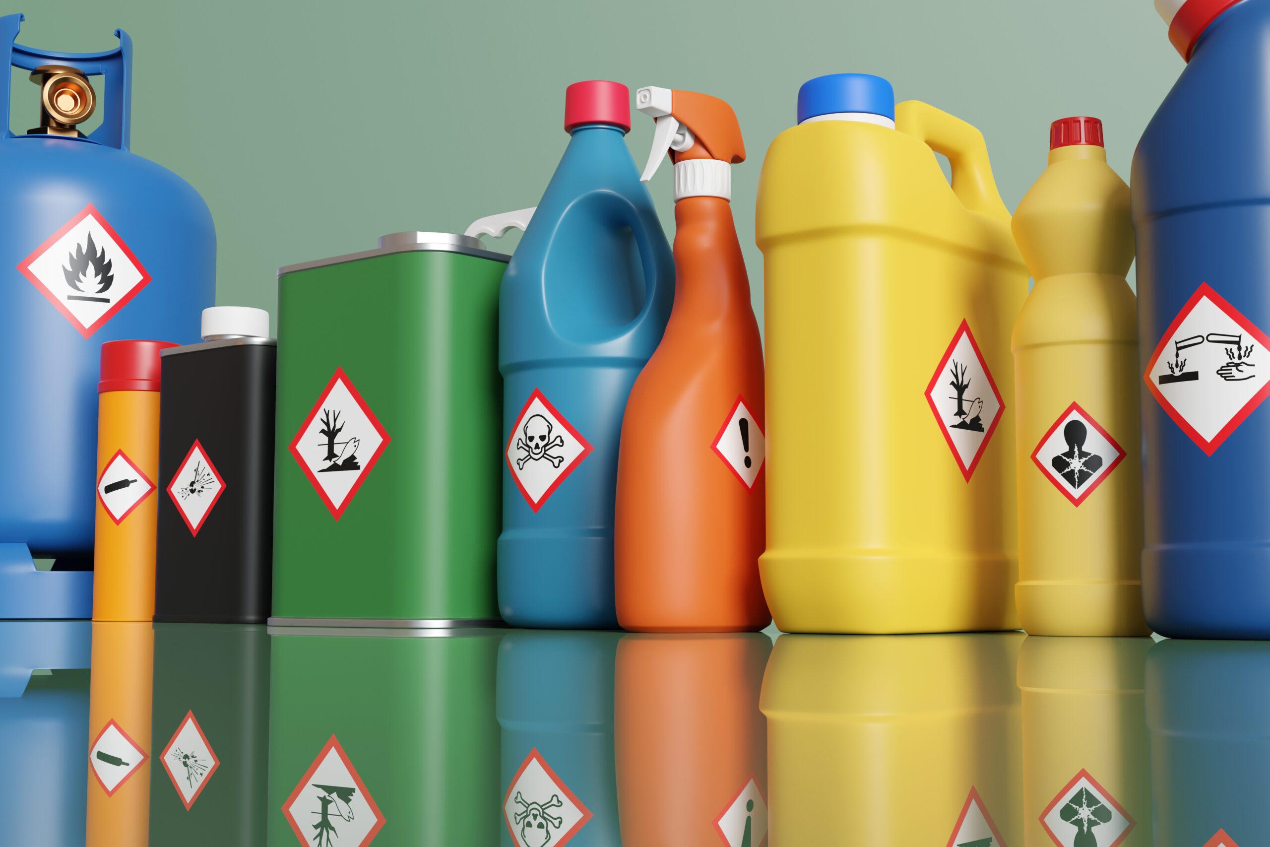 Plastic bottles with hazard signs on them.